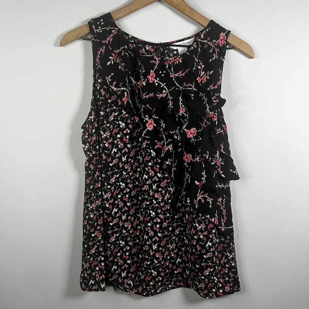 White House‎ Black Market Blouse Women 6 Black Pink Floral Ruffle Front Career